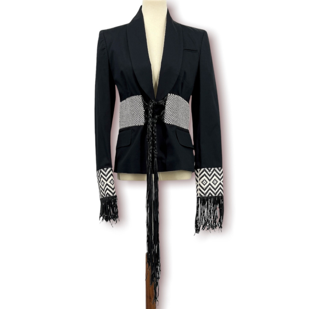 Voyage Italian Black White Geometric Woven Fringe Blazer US 8 IT 44 Designer